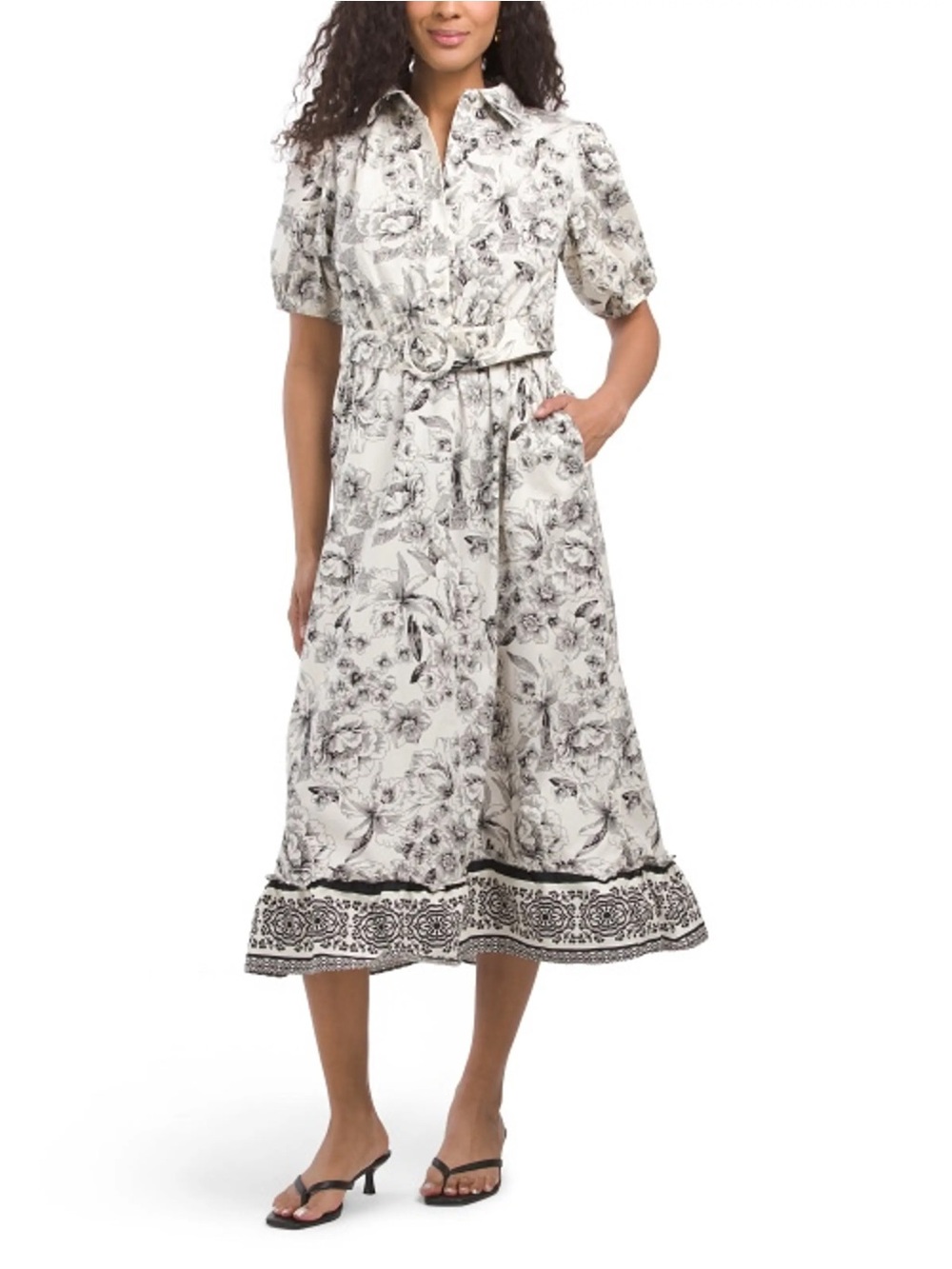 Nicole Miller New York Black White Floral Puff Sleeve Belted Midi Dress